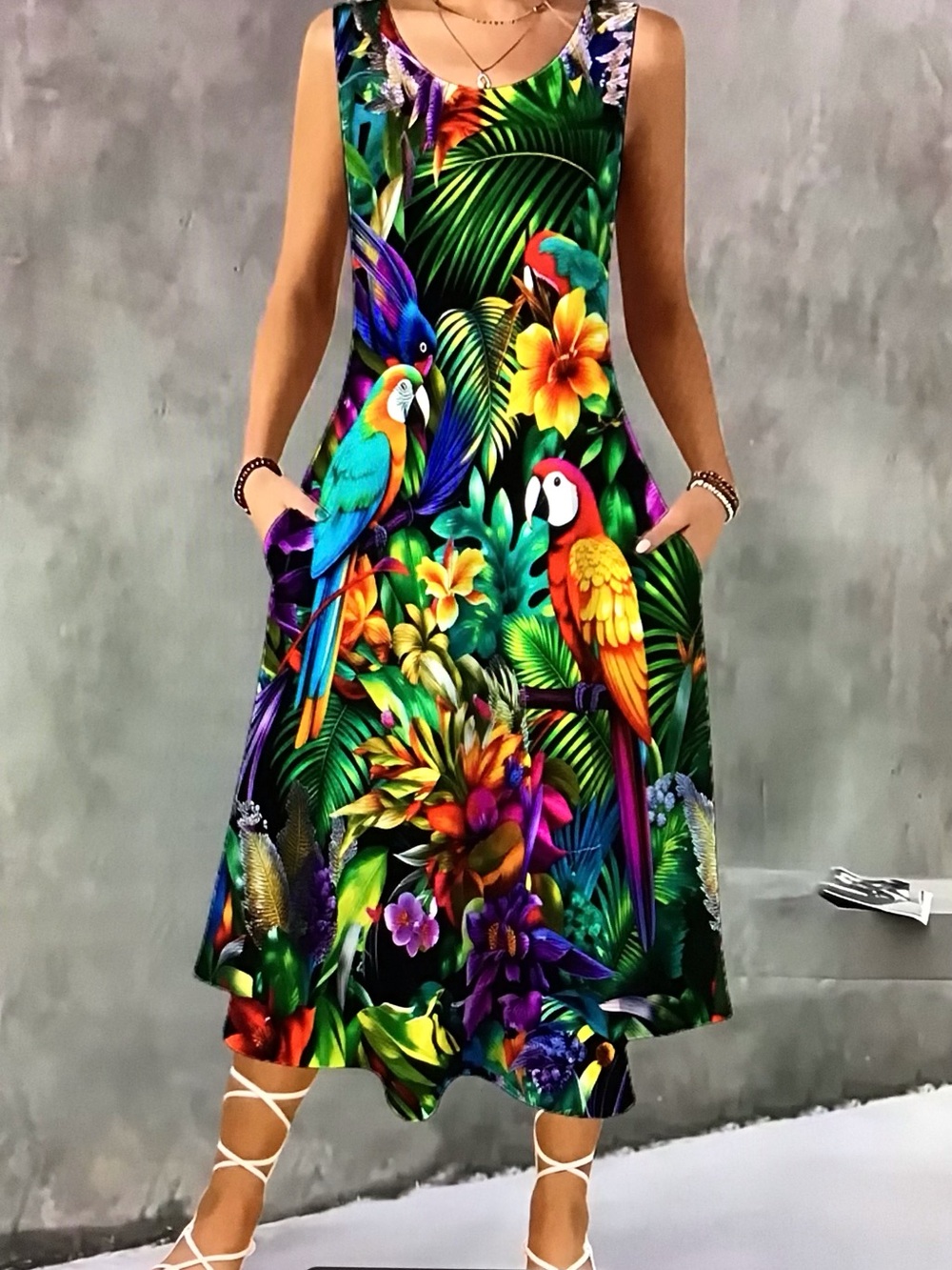 Tropical Parrot Print A-Line Sundress - Multicolor Ladies3XL